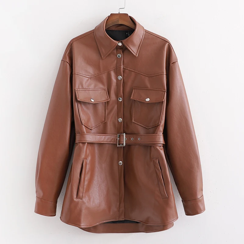 ZOEPO, пальто с отложным воротником, женские модные коричневые Куртки из искусственной кожи, женские элегантные куртки с поясом и карманами, женские куртки - Цвет: XDJK2751