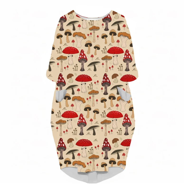 LIASOSO Plant Mushroom Print Sundress Lady Street Interesting Fashion Trend Wild Loose Long Sleeve Over The Knee Dress Women Y2K