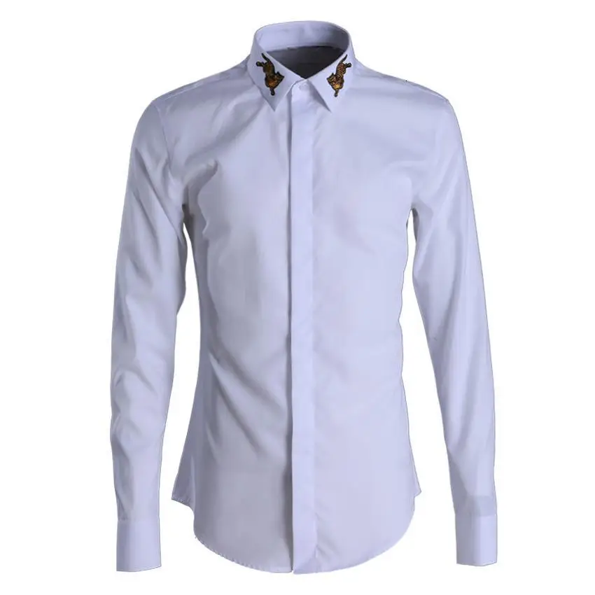 Minlgu Cotton Men Shirts Luxury Two Tigers Embroidery Long Sleeve Shirt Men Fashion Casual Slim Fit Man Shirts Plus Size 4XL - Цвет: WHITE