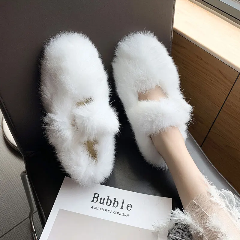 

Socofy Shoes Women Slippers Fur Shallow Flock Luxury Slides Low Soft Plush Flat 2019 Designer Spring Rubber Basic with fur