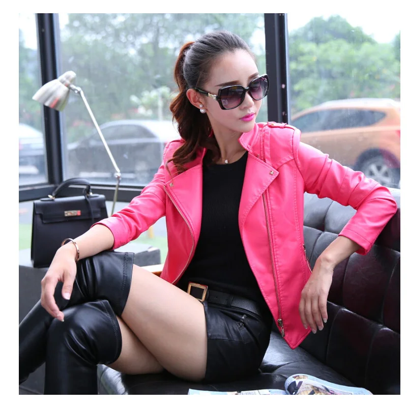 

Women Autunm Winter Fashion Red Faux Leather Jackets Soft Zipper Girl Bomber Motorcycle Cool Feminina Casaco Pu Coat