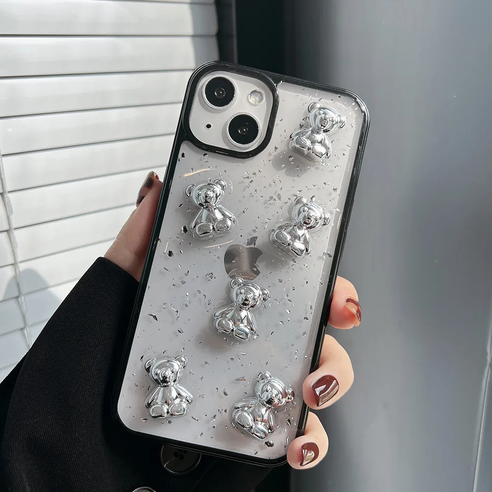 Retro kawaii silver foil bear transparent Phone Case For iPhone 13 11 12 Pro Max Xs Max XR 7 8 Plus X 7Plus case Cute Soft Cover
