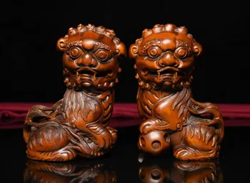 

christmas Chinese Folk FengShui Boxwood Wood Carved Guardian Door Foo Dog Lion Statue Pair halloween