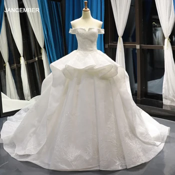شراءJ66755 جانك فساتين زفاف فاخرة 2019 مع قطار بلا حمالات قبالة الكتف قصيرة الأكمام ثوب زفاف أبيض Vestidos De Bodas