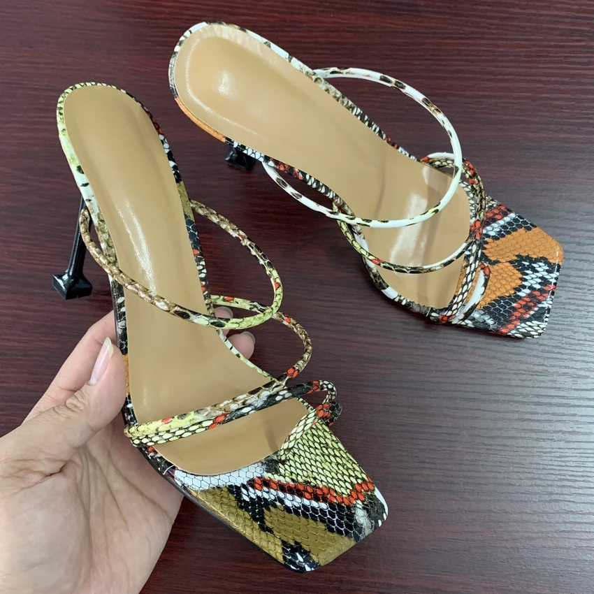 Summer Women Square Toe Sandals Ladies snake print strappy mules 10.5CM High Heels Slippers Female Fashion Woman Shoes