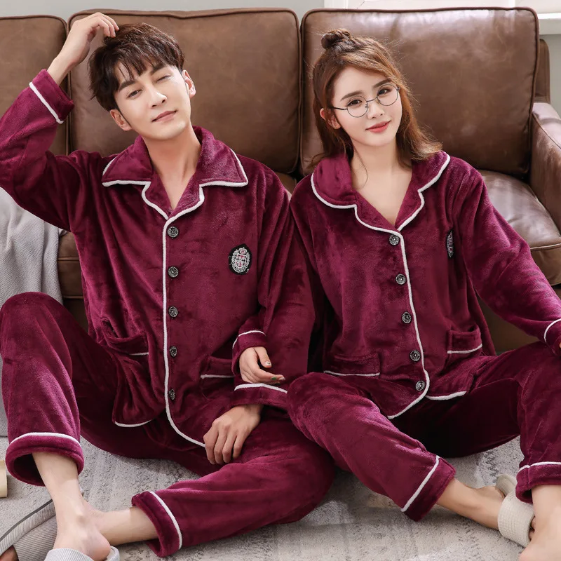 

Factory Sales Winter Couples Pajamas Flannel Thick plus Velvet Warm Cardigan Youth Middle-aged Homewear Set New Products
