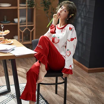 

Season cute round collar pajamas female sweet students long sleeve thin suit can wear pothole loose home clothes