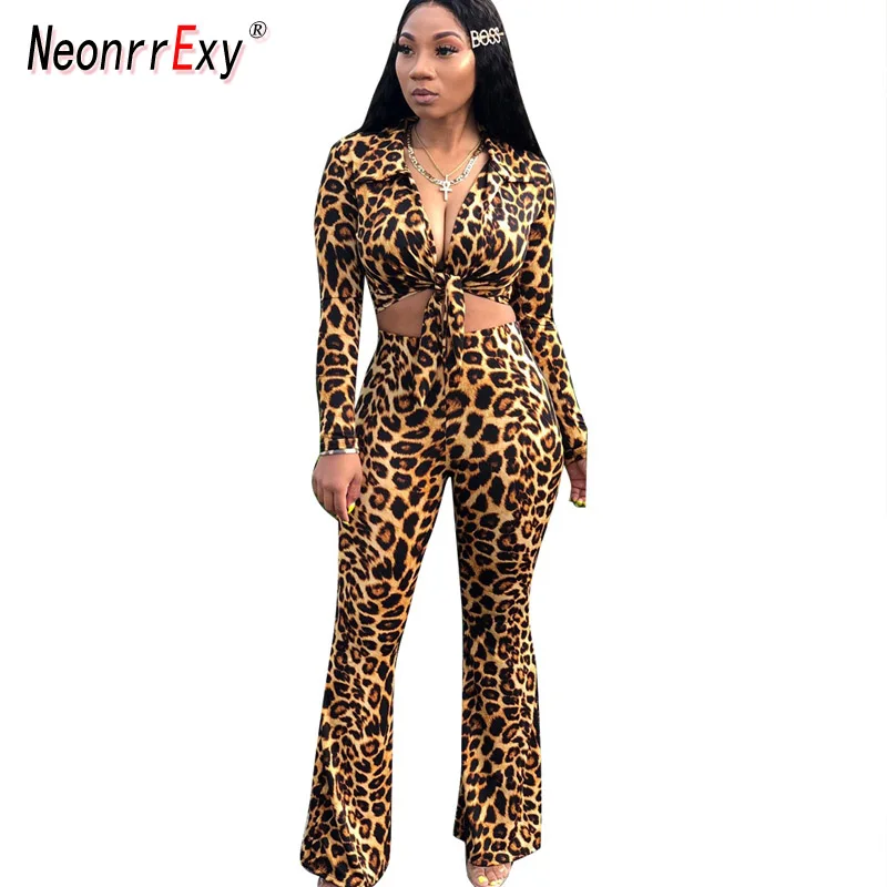 

Neonrrexy Casual Leopard Two Piece Pant Set Streetwear 2019 Women Long Sleeve Crop Top+Flare Pants Suits Outfits Matching Sets