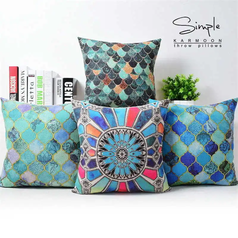 Pillow Geometric 18&quot Cushion Cover Case Vivid Inspired Scaly Lantern Blue Linen | Дом и сад