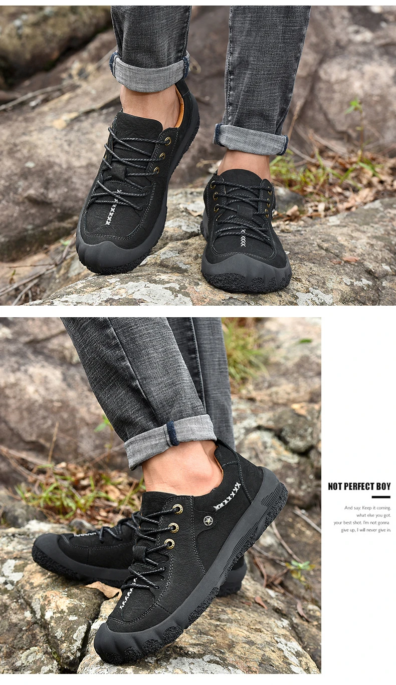 Golden Sapling Flexible Rubber Outdoor Shoes Men Genuine Leather Tactical Boots Plus Size New Men's Sneakers for Hiking Trekking