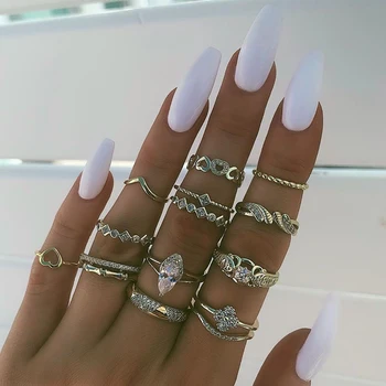 

EN 13Pcs/Set Creative Crystal Alloy Heart Water Drop Ring Set Ladies Joint Rings Party Fashion Jewelry Gifts