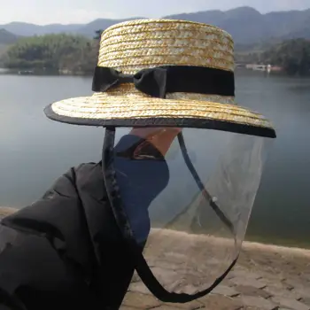 

Fashion Summer Straw Hat With Transparent Cover Sun Hats for Women Beach Hat With Bow Girls Anti-UV Cap Protective Boater
