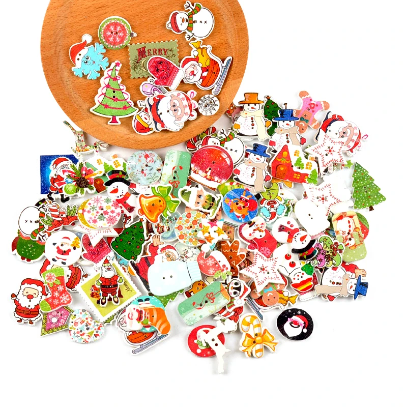 50pcs Random Mixed Wooden Button Christmas Pattern Scrapbook Decorative Buttons For Cloth Decoration Sewing Supplies