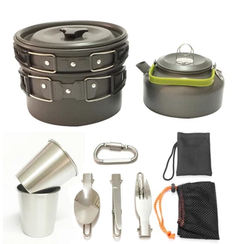 

ABZB-Outdoor Cookware Pot Teapot Set Portable Camping Cookware Combination Aluminum Tableware