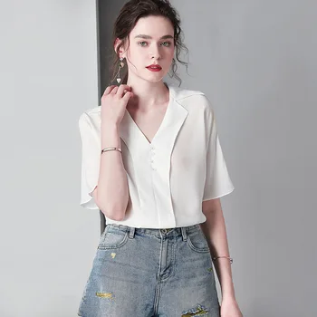 

white chiffon silk shirt for women high quality short sleeve 4XL plus size casual sexy office dress tops fashion dropshipping