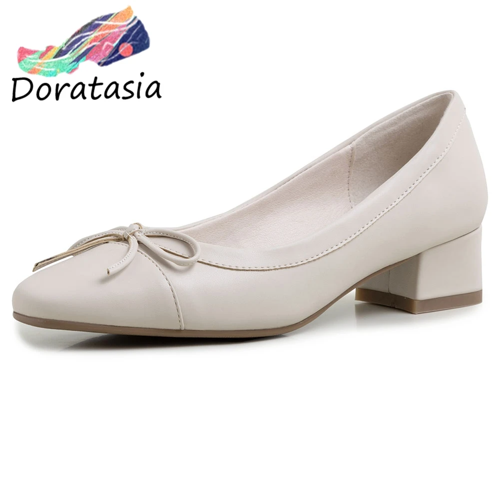 

DORATASIA Elegant Shallow butterly-knot Pumps Spring Cool Square Toe Pumps Women Med Chunky Heels Shoes Woman