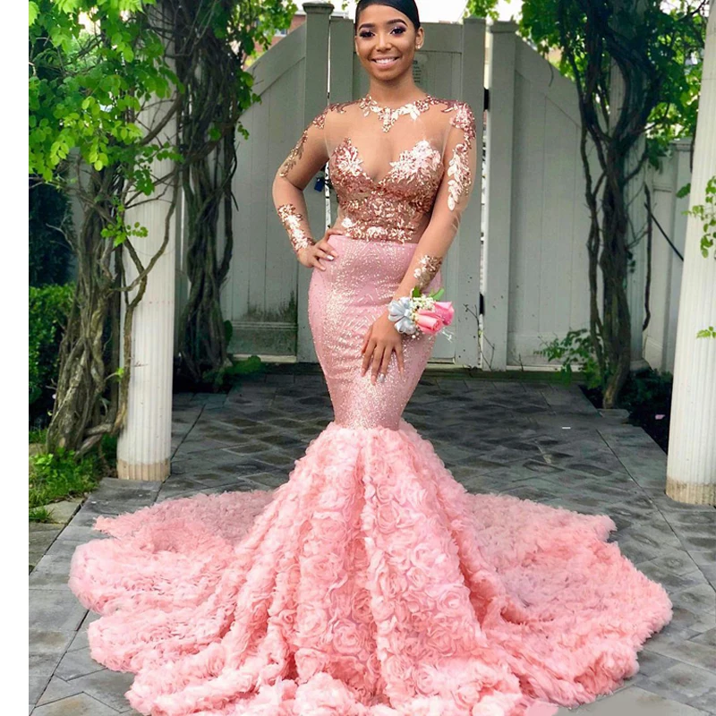 Розовая с длинными рукавами черного цвета для девочек Prom Dress Mermaid для торжественных вечерних приёмов, праздничная одежда выпускной вечер праздничное платье на заказ сделано Plu