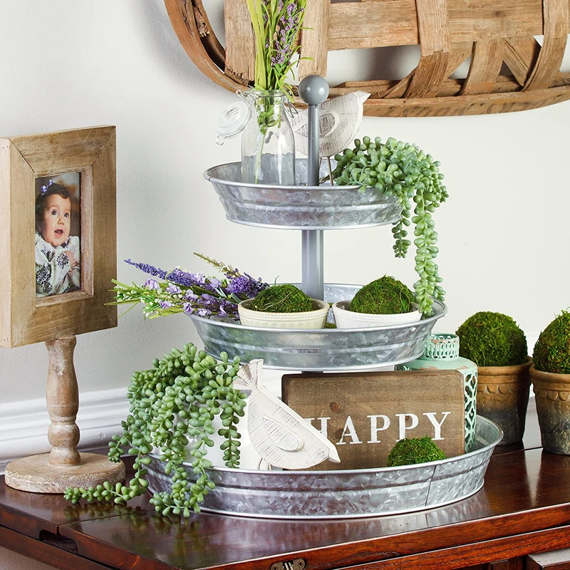 3 Tier Cake Stand Galvanized Metal Serving Tray Plant Dessert Cupcake Fruit Tiered Platter Vintage Decor for Home Party Kitchen