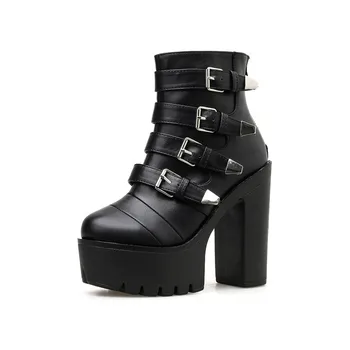 baratas Preto Gótico Punk Botas Cinto Fivela Cinta Plataforma Das Mulheres Sapatos Gótico Bloco Super Salto Alto Cavaleiro Motociclista Ankle Boots