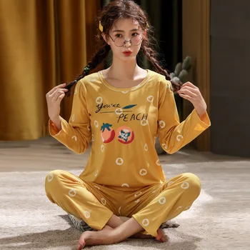 

Autumn New Cotton 2PCS Pajamas Set Young Lady O-Neck Top&Pant Home Clothes Sweet Heart Print Nightwear Lounge Sleepwear