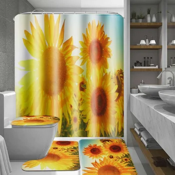 

180x180cm Sunflower Waterproof Shower Curtain w12 Hooks/Bath Mat/Toilet Pad Set Pattern Anti-slip Toilets Carpet Bedroom