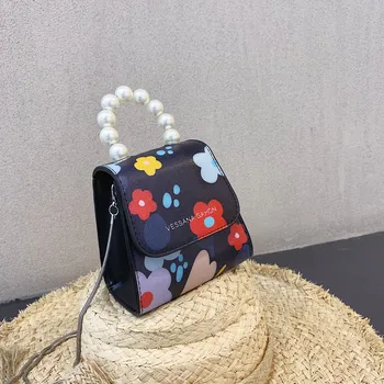 

Fashion Pearl Leather Crossbody Bags For Women Printing Flower Beach Messenger Bags Female Hasp Flap Brand Small Handbags