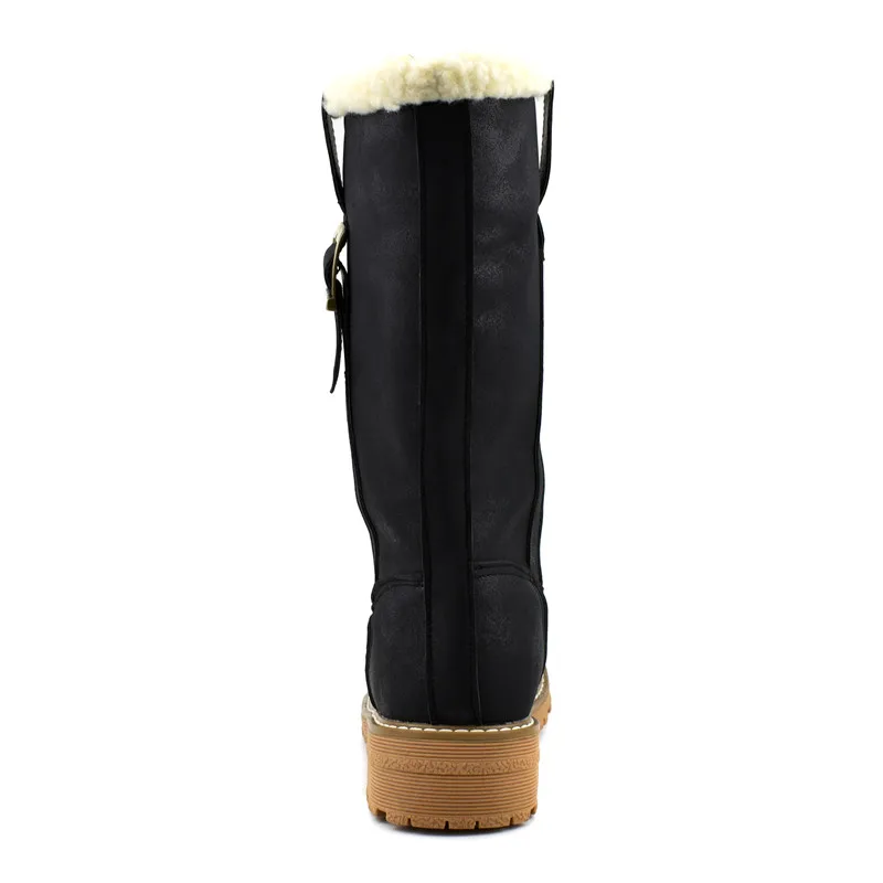 Odetina Women Round Toe Slip On Keep Warm Block Low Heel Mid Calf Boots Lady Buckle Strap Platform Thick Fur Winter Snow Boot