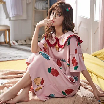 

Korean-style Nightgown Women's Summer Pure Cotton Short Sleeve Thin Cute Princess Style Pajamas Sweet Loose-Fit-Outer Wear Track