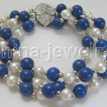 DYY 914+++ великолепный " 3 ряда 8 мм лазурит и белый пресноводный жемчуг браслет