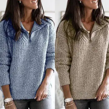 

Plus Size Womens V Neck Zipper Knitted Sweater Pullover Ladies Baggy Jumper Tops