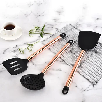 

10/11 Set Cooking Tools Kitchen Utensils Rose Gold Stainless Steel Handle Silicone Non-stick Pan Heat-resistant Kitchen Tools