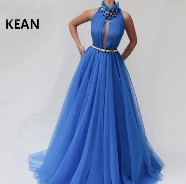 Синие мусульманские Вечерние платья тюль Высокая шея Кристаллы Кружева Цветы Формальные ислам Дубаи кафтан Саудовской Аравии выпускное платье - Цвет: same as the photo