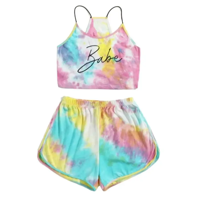 Women Tie-Dye Letter 2 Piece Set Gradient Rainbow Cami Crop Top Shorts Tracksuit