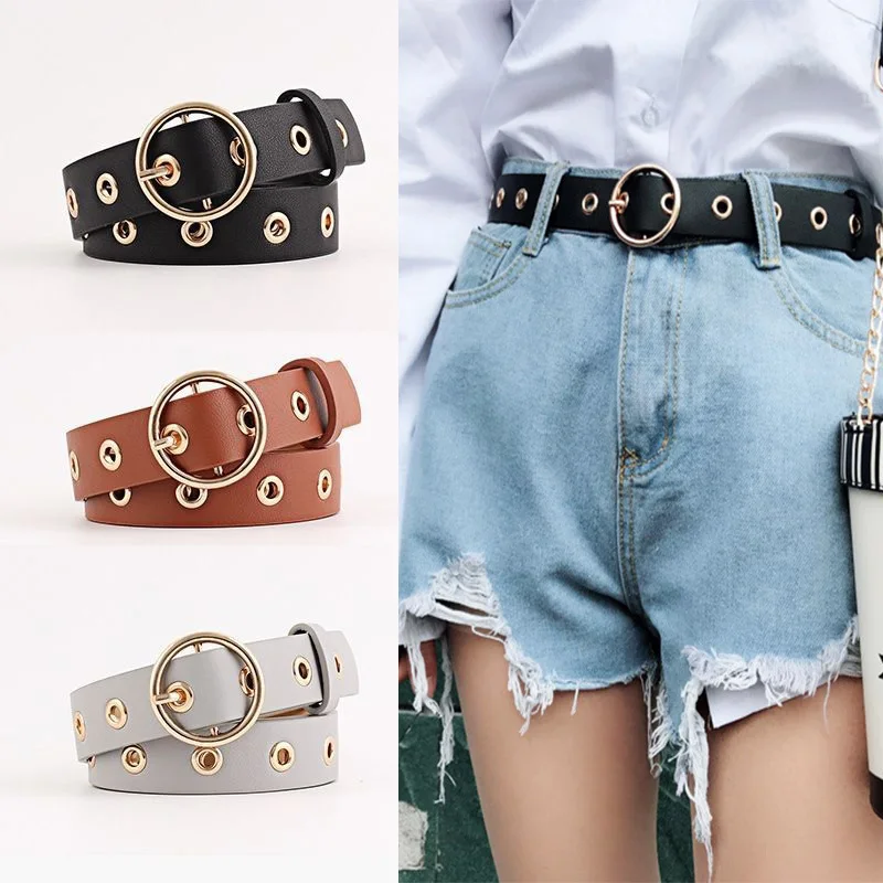 

Women Leather Belt Round Metal Pin Buckle Circle Belts Hot Brand Fashion Punk O Ring for Women Belt Ladies Jeans Accessories