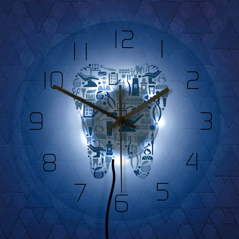 Dentistry Tooth Wall Clock Dental Care Symbols Acrylic Hanging Clock Quiet Movement Wall Watch Dental Department Decor Wall Sign 5