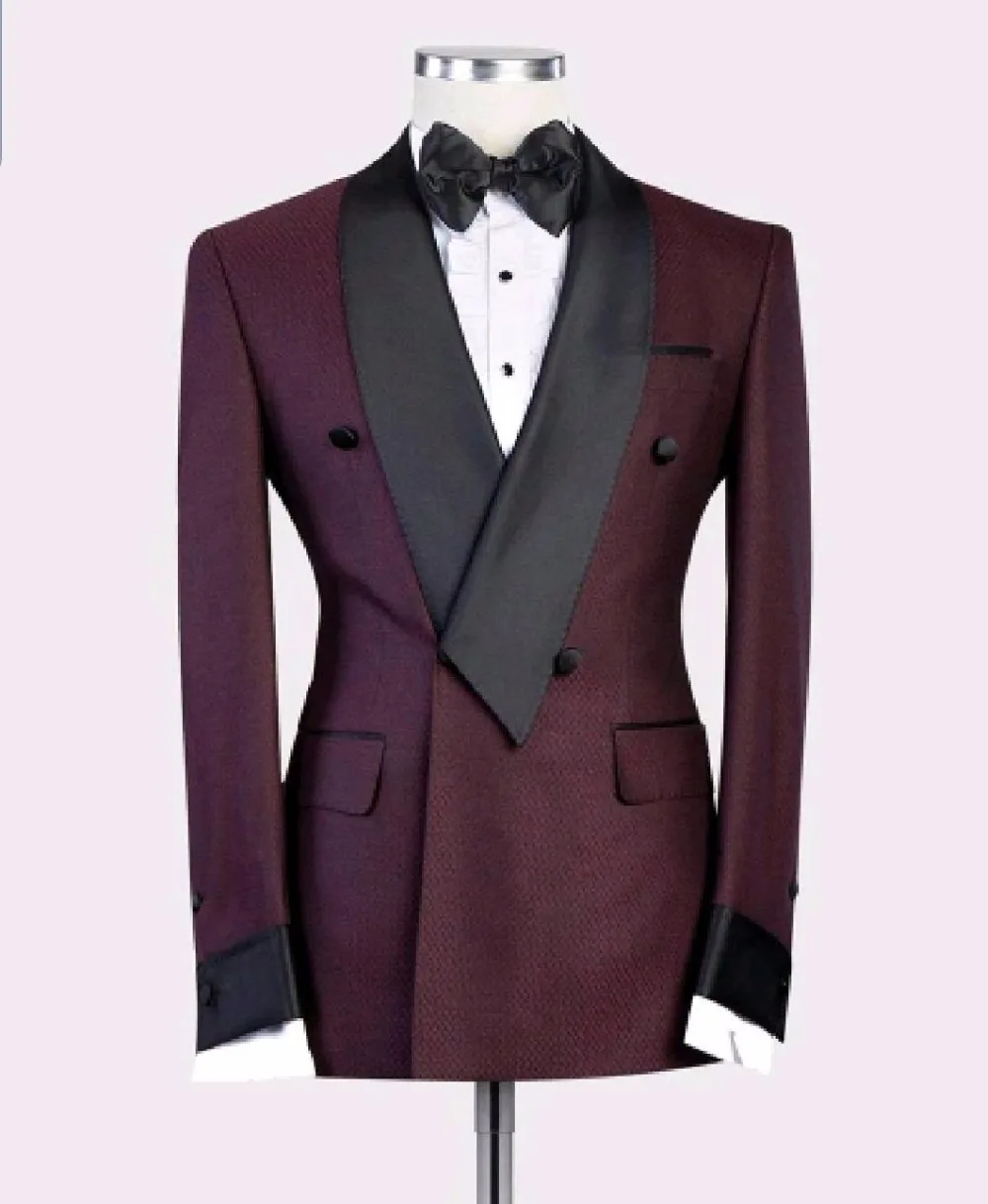 

2020 New Burgundy Red With Black Lapel Men's Slim Fit Formal Suits Custom Made 2 Pieces Wedding Tuxedos Suits Jacket Pants