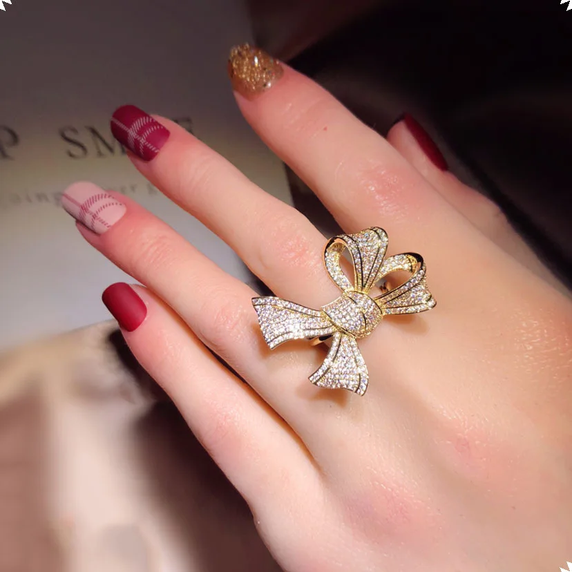 Delicate Female Wedding Jewelry 925 Sterling Silver Sparkling AAA Big Gold Color Zircon Bowknot Finger Rings for Women Anillos