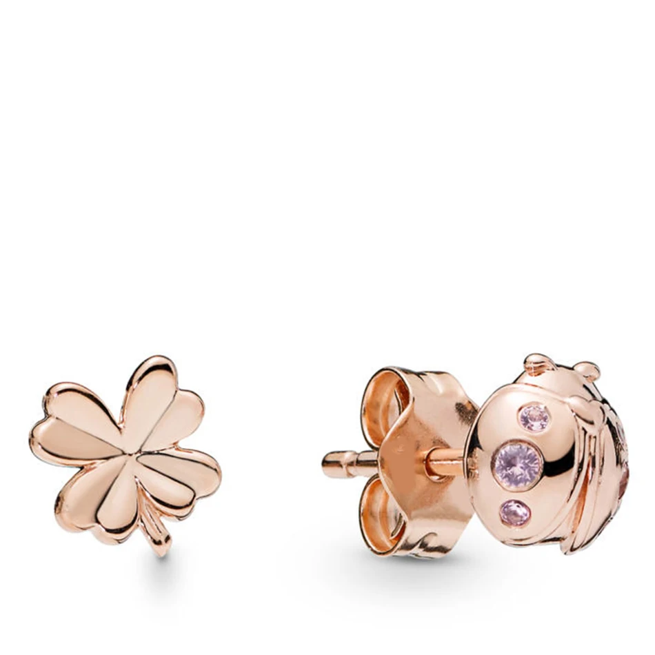 

Authentic 925 Sterling Silver Rose Four-Leaf Petals And Ladybird With Crystal Stud Earring For Women fit Lady Fine Jewelry