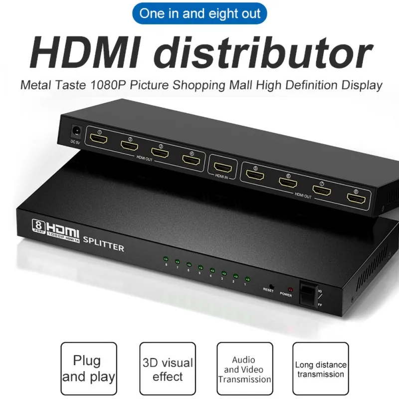 1 в 8 Выход HDMI сплиттер 1080P HD видео 3D поддержка адаптер Высокое Разрешение HDMI переключатель