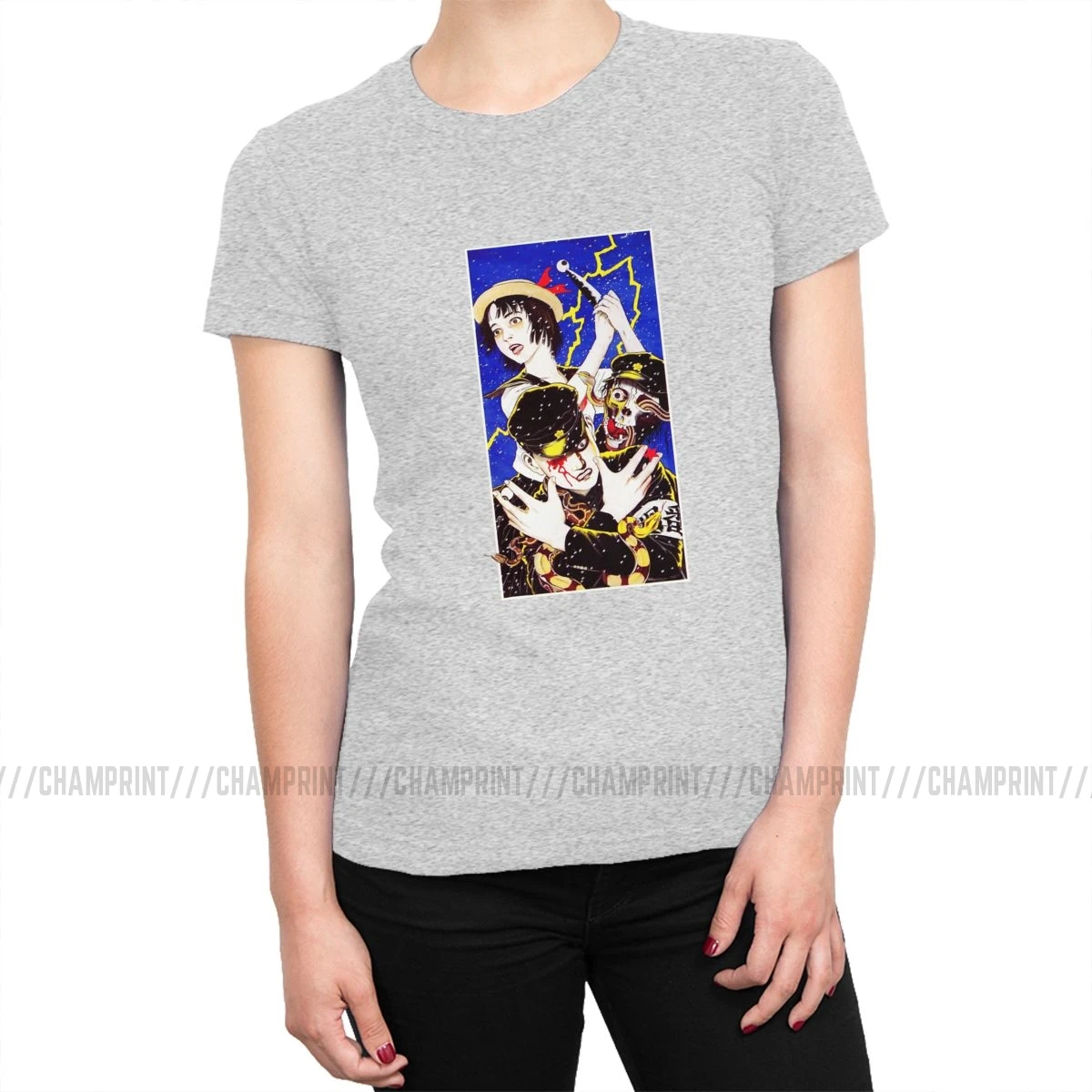 Suehiro Maruo T-shirt Women Japan Anime Horror Comics T Shirt Cute Tees Top Basic Crew Neck Pure Cotton Female Clothes Plus Size - Цвет: Серый