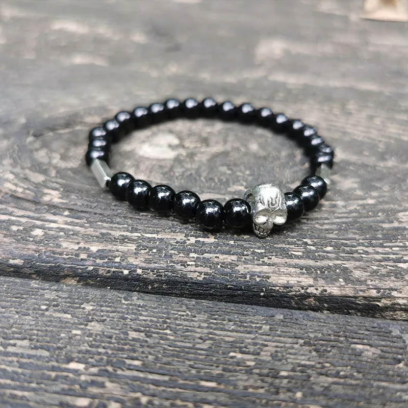 

Skull Bracelet, Black Beaded Bracelet, Mens Bracelet