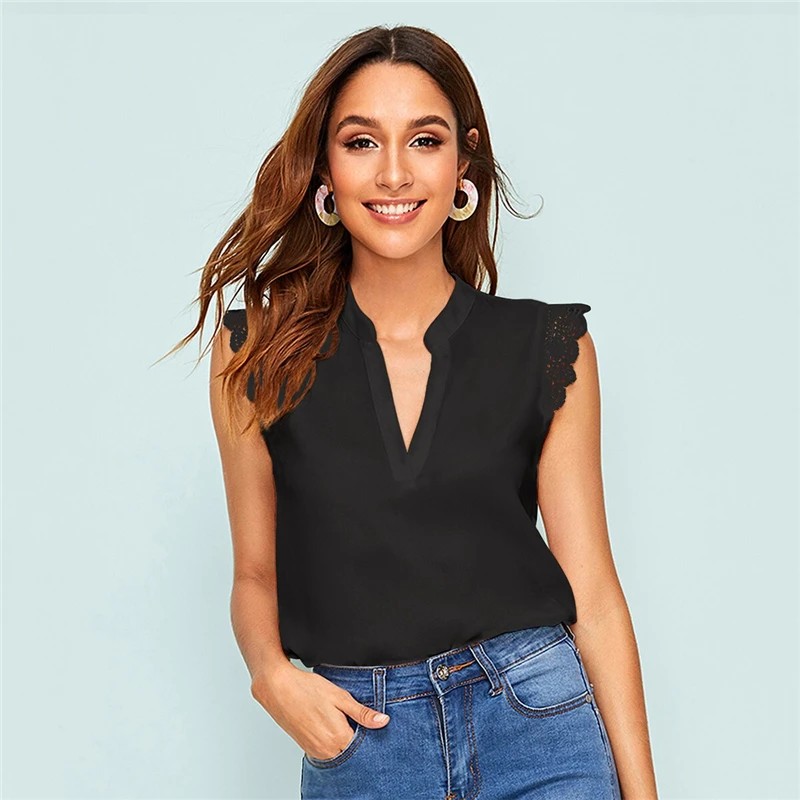 SHEIN элегантный кружевной топ с v образным вырезом и воротником стойкой летние