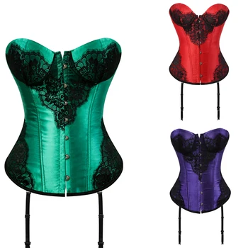 

Grebrafan Gothic Classical Lace Overlay Corsets Underwire Overbust Strapless Satin Bustiers Top Holiday Party Club Costume