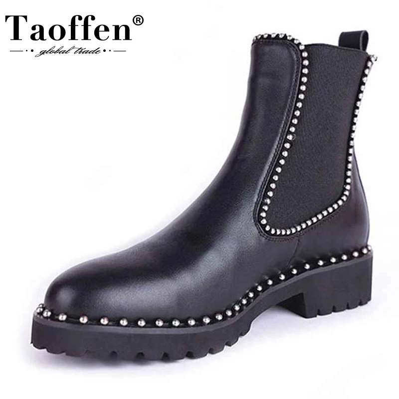 Dedo do pé Taoffen Estilo Britânico Ankle Boots Feminino Couro Genuíno Elástico Banda Plana Sapatos Rebites Redondo Calçados Femininos Tamanho 33-43