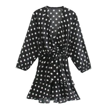 

vintage classic polka dot dress summer mini dres women long sleeve v-neck ruffles hem smocks