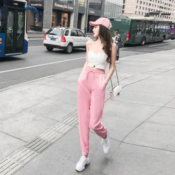 

2020 New Fashion Haren Pants Women's Spring Summer Pink Milk Silk Thin Korean Loose Elastic Waist Lady Hip Hop Casual Sweatpants