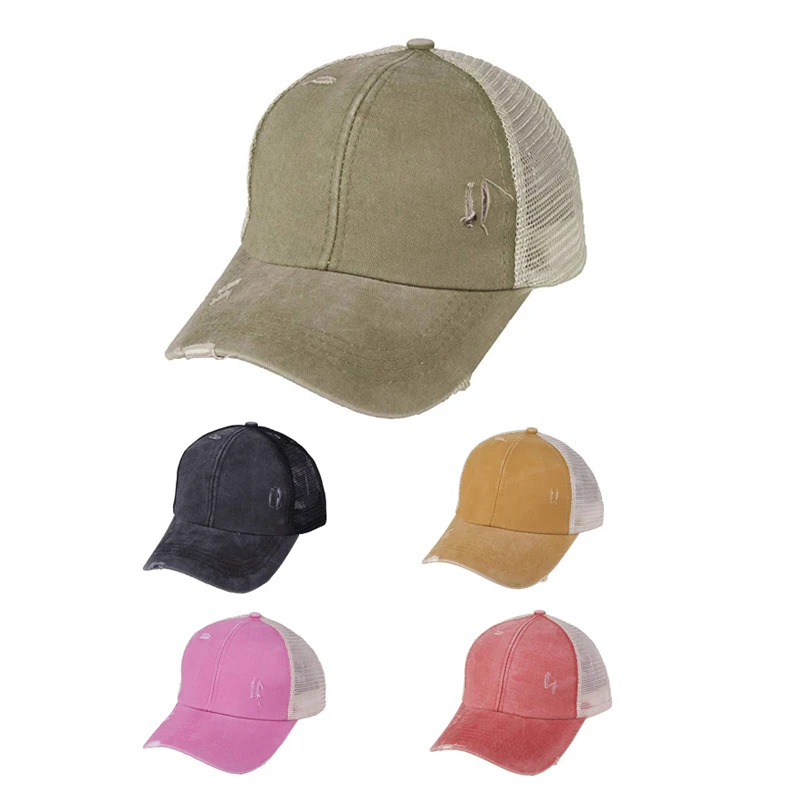 

Washed Ponytail Baseball Cap Women Distressed Outdoor Sun Protection Hat Solid Color Cap