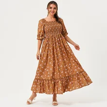 

New Arrivals Women's Ruffle Dresses Fashion Loose Casual Printed Long Dresses