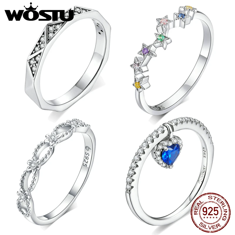 

WOSTU Simple Women Crystal 925 Sterling Silver Rings For Wedding Engagement Jewelry Accessory Fine Rhinestone Gift