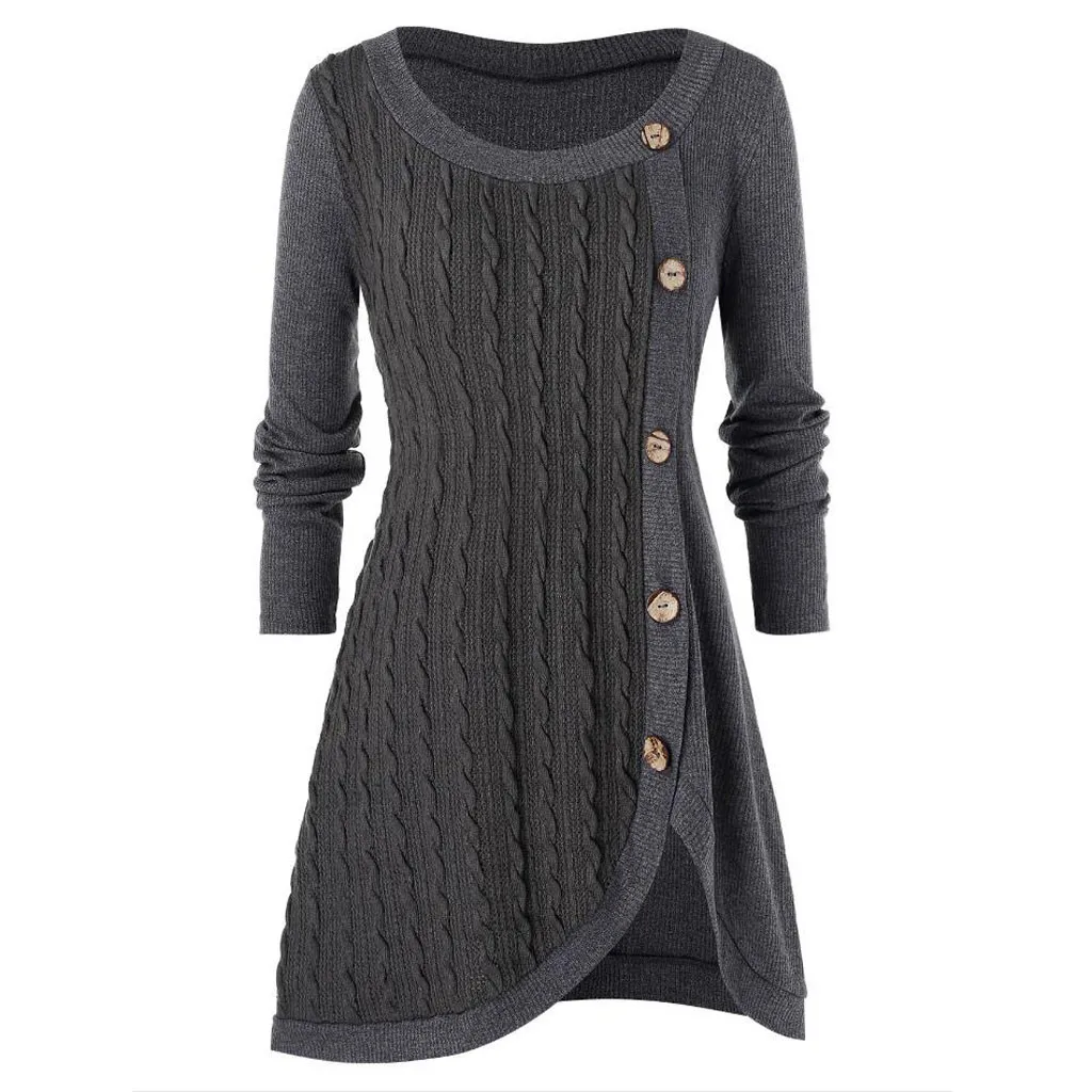 Женский Длинный свитер размера плюс с О-образным вырезом и длинным рукавом, асимметричный свитер, вязаный свитер, платье на осень - Цвет: E
